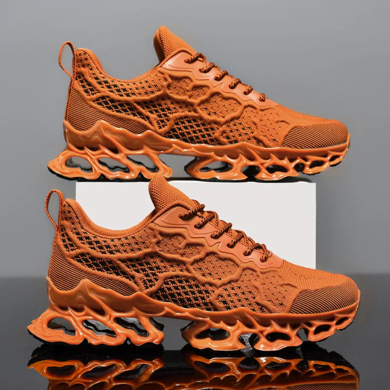 Men’s Breathable Running Sneakers in stylish orange color with lightweight mesh design and unique sole cushioning
