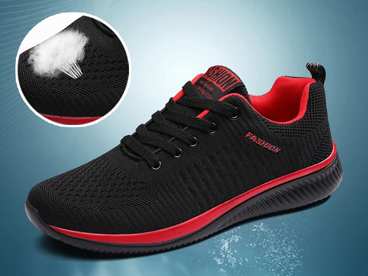 Men's Lightweight Running Sneakers in black being laced up, perfect for casual and sporty looks.