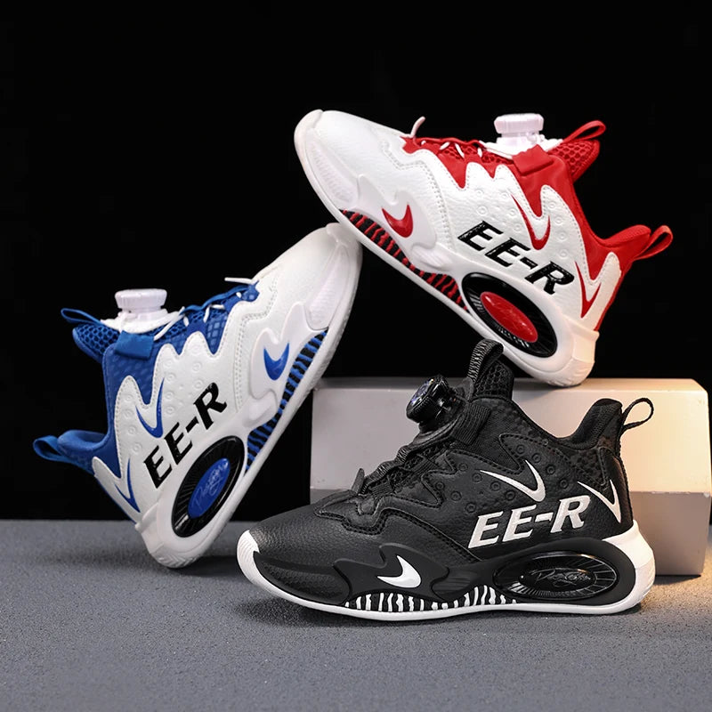  Kids High Top Basketball Sneakers in stylish red and white design, featuring ankle support for young athletes.