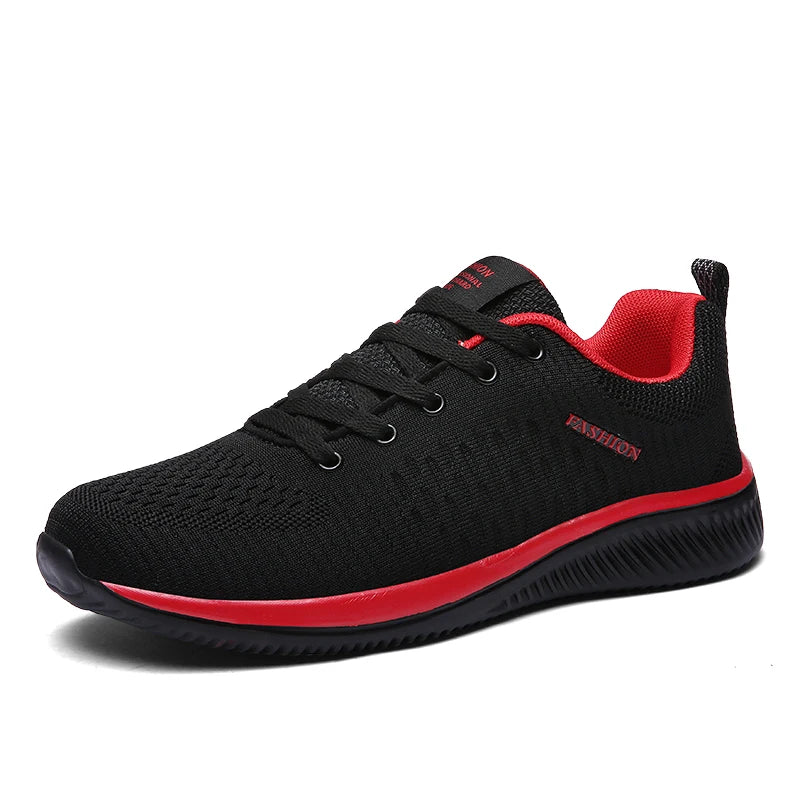 Men's Lightweight Running Sneakers in black being laced up, perfect for casual and sporty looks.